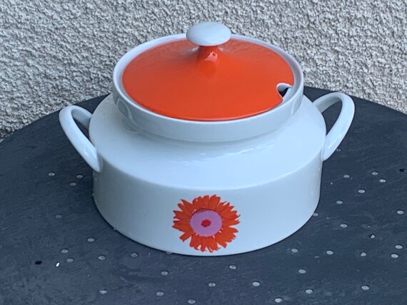 White and orange porcelain soup tureen, orange flower, Bavaria Germany Wunsidiel, vintage 1970