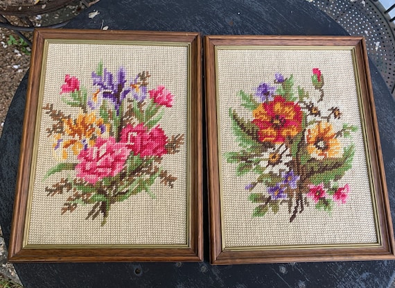 Set of two canvases, hand embroidered, vintage tapestry, bouquet of flowers, frame, vintage