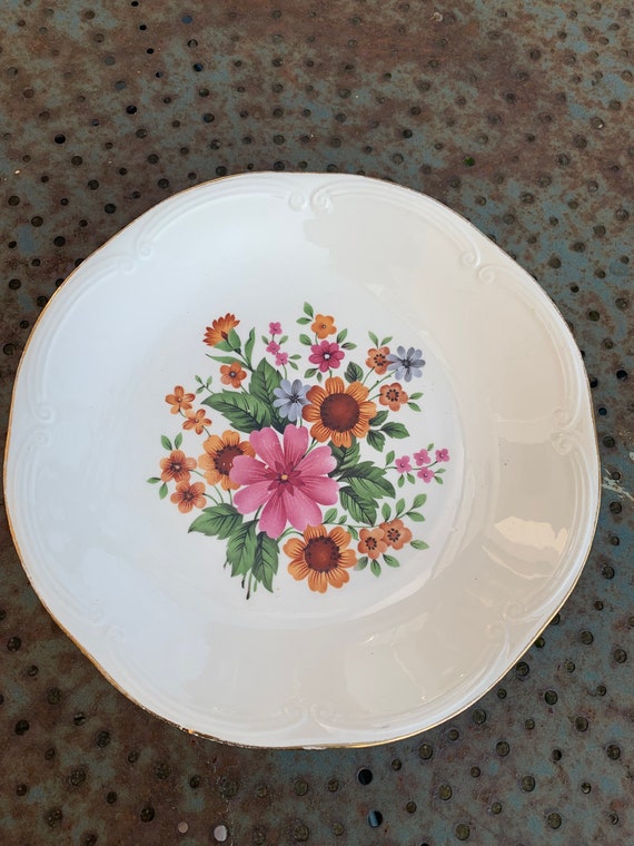 Earthenware salad bowl, GIEN France, floral pattern, very colorful flowers, tableware, vintage 1970