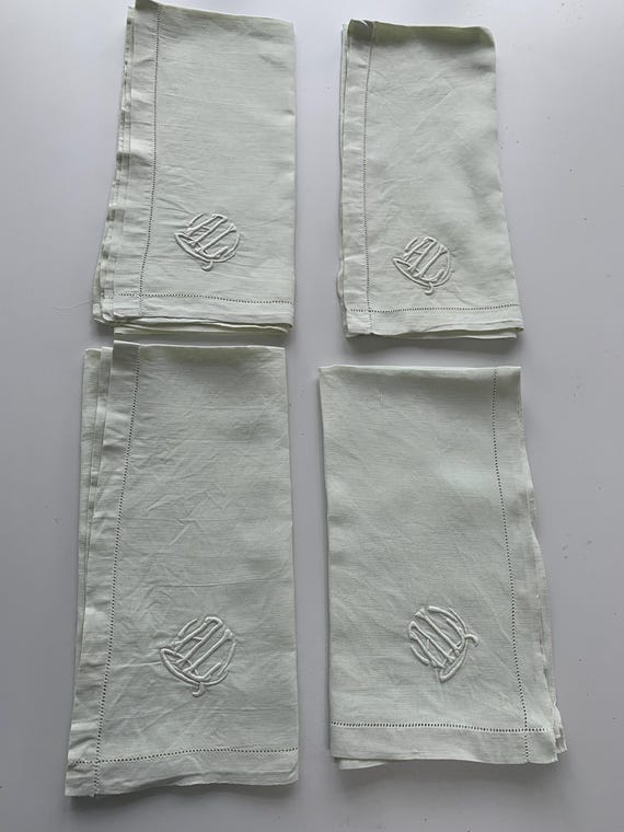 4 pastel yellow dyed linen napkins, embroidered, AL monograms, old with an openwork border, Art Deco