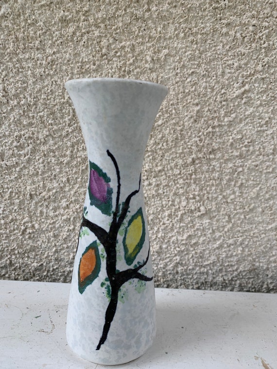 Superb glazed ceramic vase GERMANY number: CO 2119, vintage 1970, hand painted foliage pattern