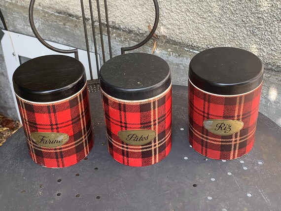 Set of 3 plastic spice jars, vintage Scottish tartan pattern 1970