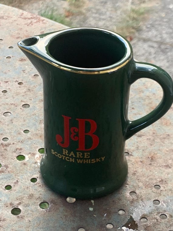 J & B whiskey jug, rare scotch, enamelled ceramic advertising carafe in green color, red, vintage and collector lettering