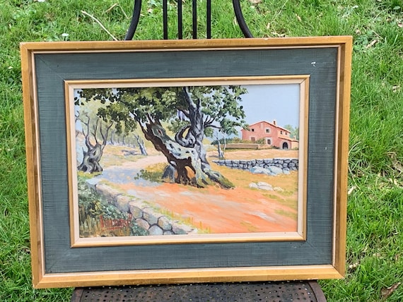 Framed painting, painting, southern farmhouse, Ismael sign, painting on framed canvas cardboard, vintage