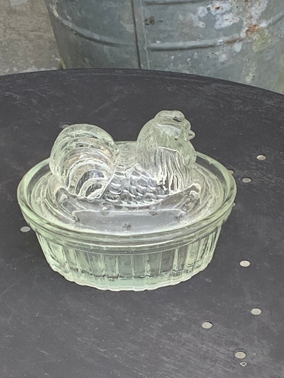 Glass hen on nest or basket, Bonbonniere, transparent molded glass sugar bowl, vintage
