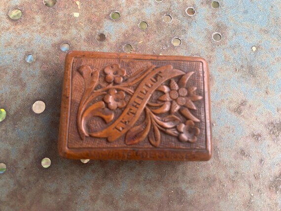 Wooden box carved with Edelweiss, Le Thillot and imported from serious, old Switzerland