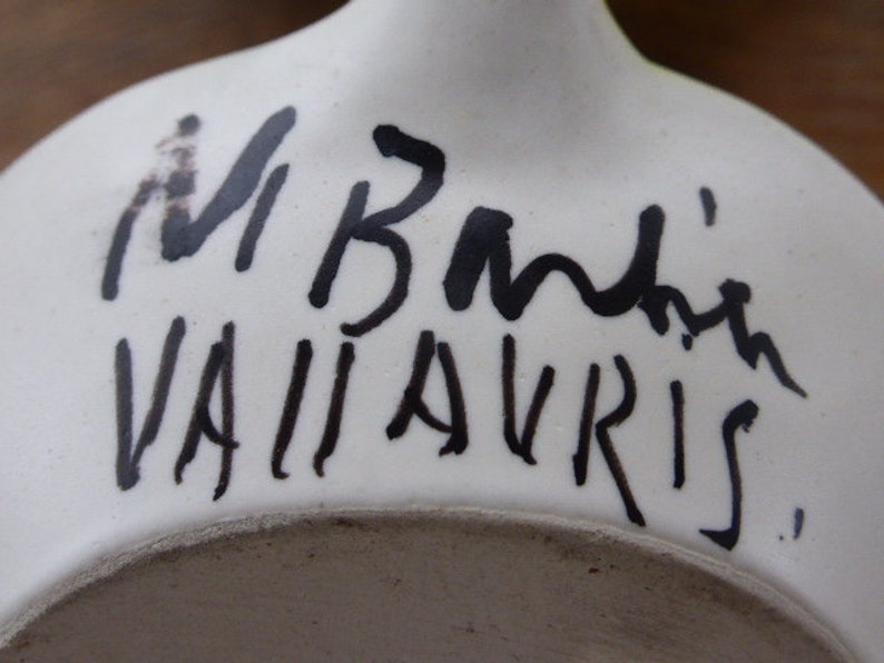 H\u00e9l\u00e8ne UGO Vallauris Cup and stamp engraved in ceramics collection glazed ceramic poelon signed M Barbier Vallauris Vintage 1950