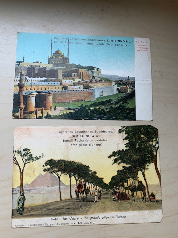 Lot of two old colorized postcards, advertising for the superior Egyptian cigarettes DIMITRINO & Cie 1910