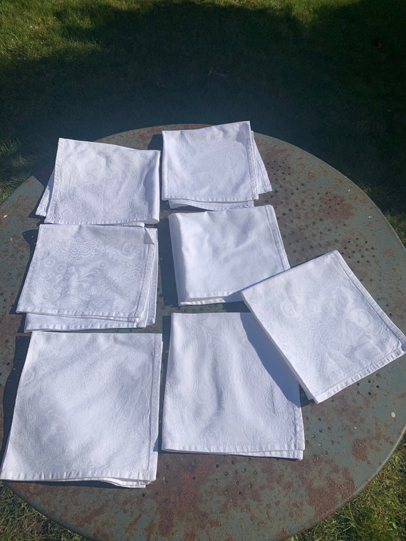 7 white damask cotton towels, square shape, cashmere pattern, CHRISTIAN LACROIX collection, vintage and collector