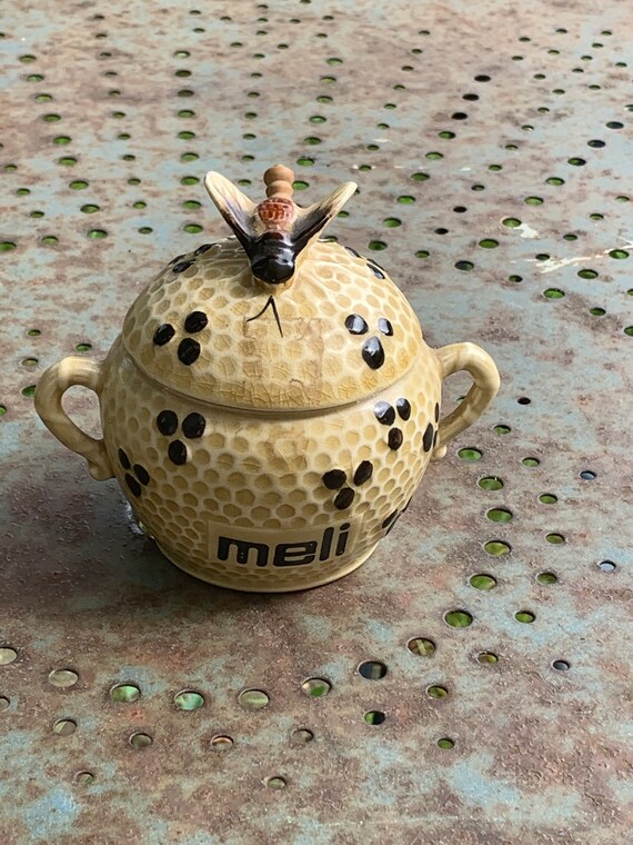 Honey pot and its small wooden spoon, beehive and bees in slip, vintage enameled ceramic