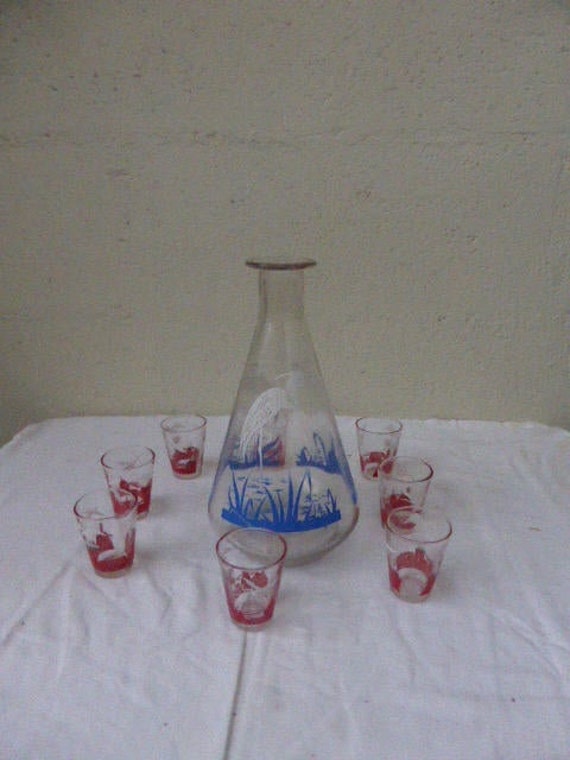 Service A Liqueur Herons et Cigognes Vintage 1950, Carafe en Verre Décor Sérigraphie Bleu 6 Petites 