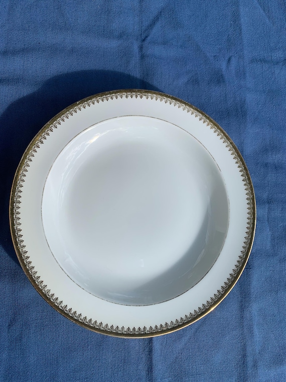 5 soup plates in Limoges porcelain stamped UC Limoges France, vintage gold foliage frieze pattern