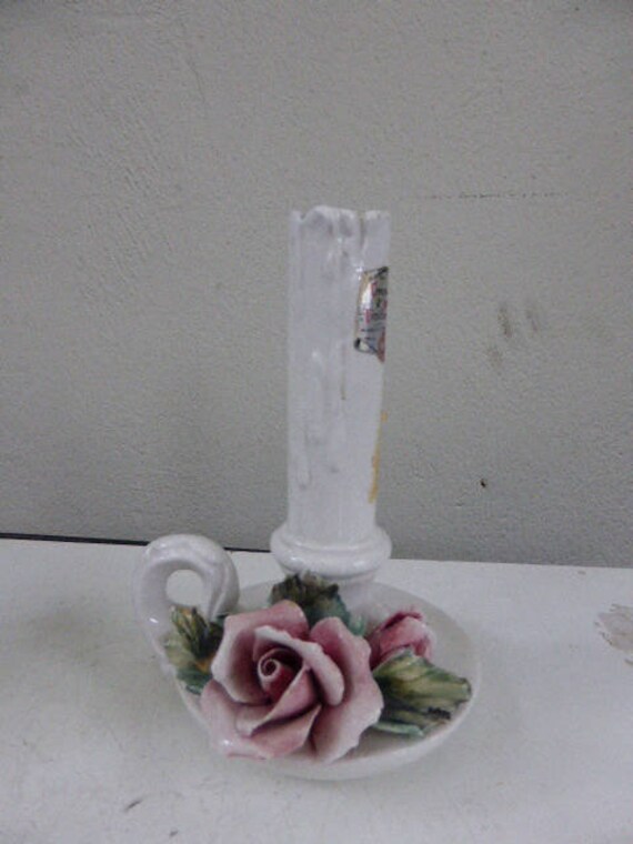 Ceramic candleholder with a pink rose and foliage in barbotine stamped: Art Venetian, Made in Italy