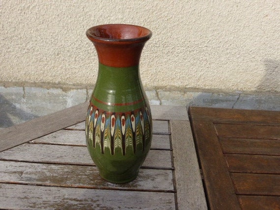 Vase original vintage 1970 folk. Beautiful green and brown patterns. Artisanal, hand made. Pottery VINTAGE