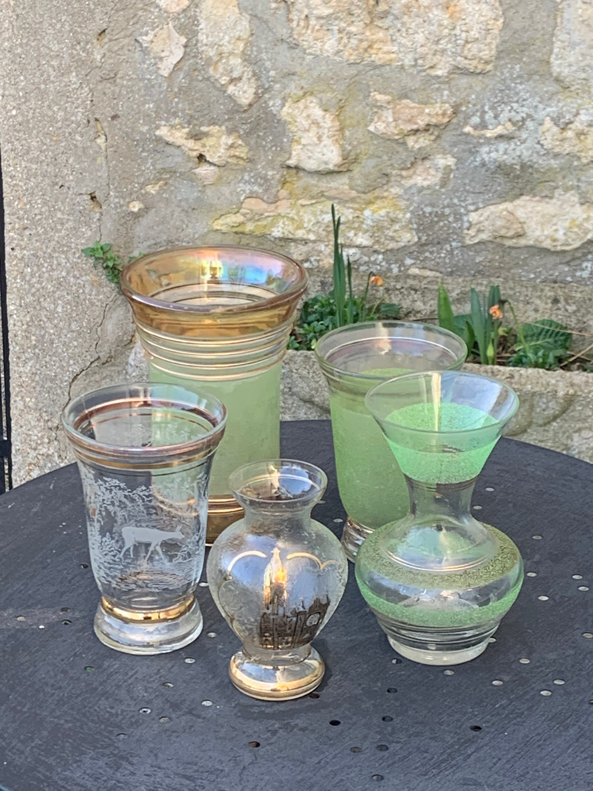 Lot de 5 Vases en Verre Granité Vert, Or et Transparent, Vintage 1950