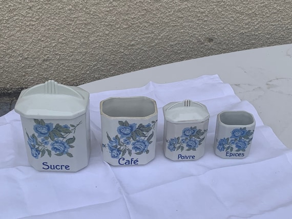 set of 4 spice jars in white earthenware and blue flowers, art deco