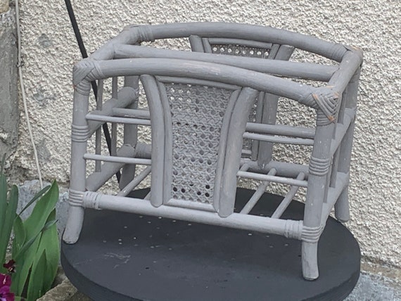 Bamboo and rattan magazine rack, vintage gray cane.