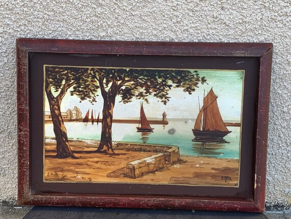 Marine painting table, fixed on glass, sign P. Alix, art deco, old and collector