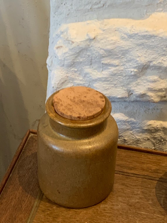 Glazed stoneware jar, with old cork stopper, vintage kitchenalia