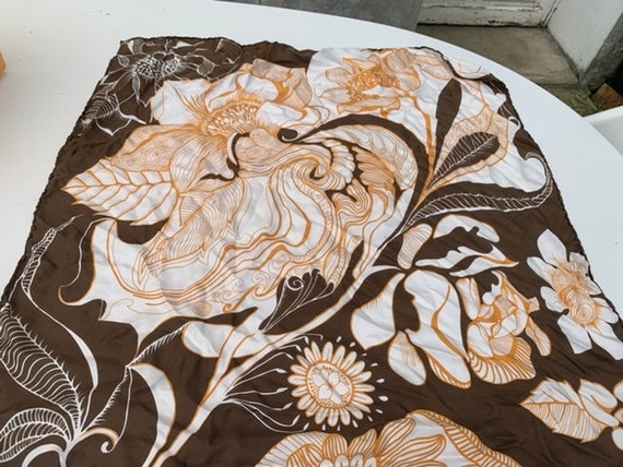 Christine Guerin square silk scarf, brown and orange vintage 1970 psychedelic pattern