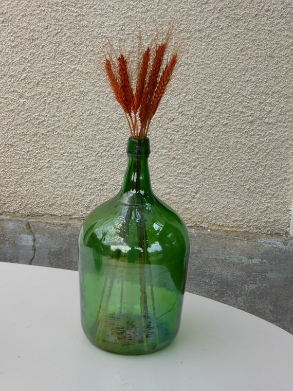 Dame Jeanne, green glass bottle, vintage