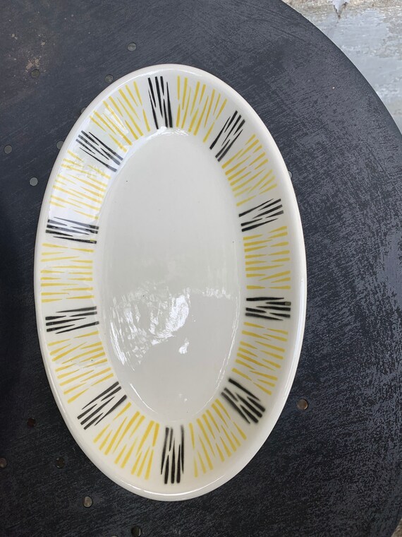 Badonviller earthenware serving platter, FB 81, vintage and designer, yellow and black geometric patterns