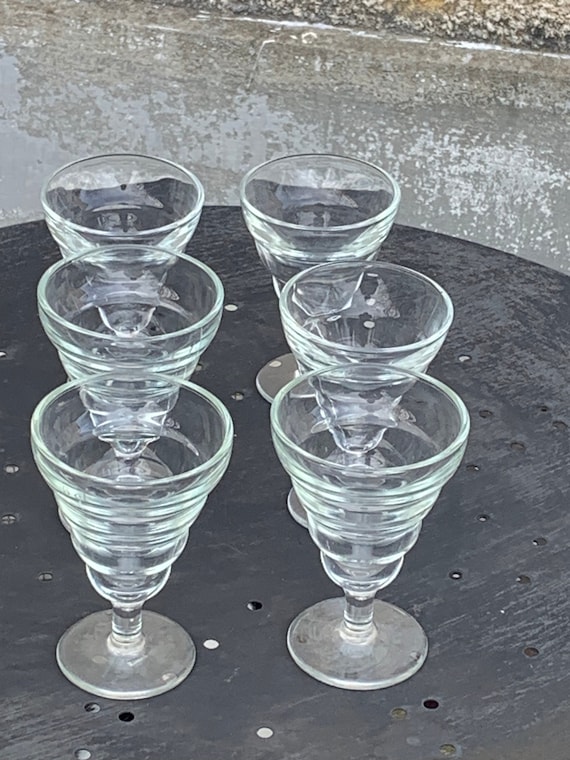 6 stemmed glasses, aperitif, port, old, in transparent ringed glass, BVB France stamps,