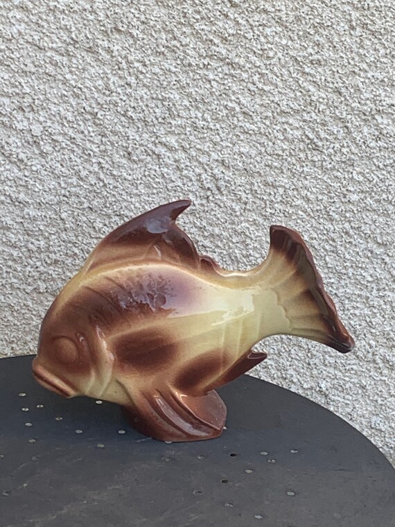 Decorative fish in Vallauris enamelled ceramic, beige and brown, vintage 1960