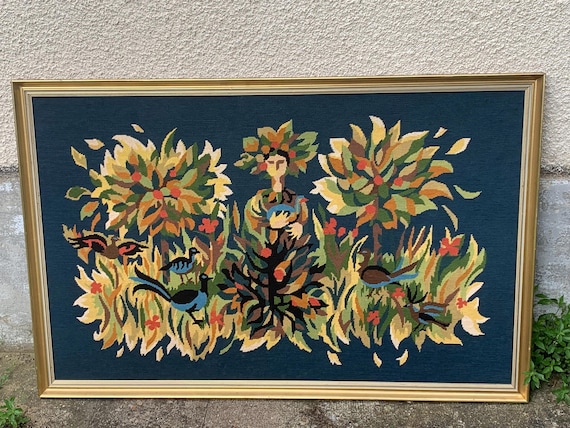 Canvas, hand embroidered, vintage tapestry, bouquet of flowers, framed in a pretty wooden frame, vintage