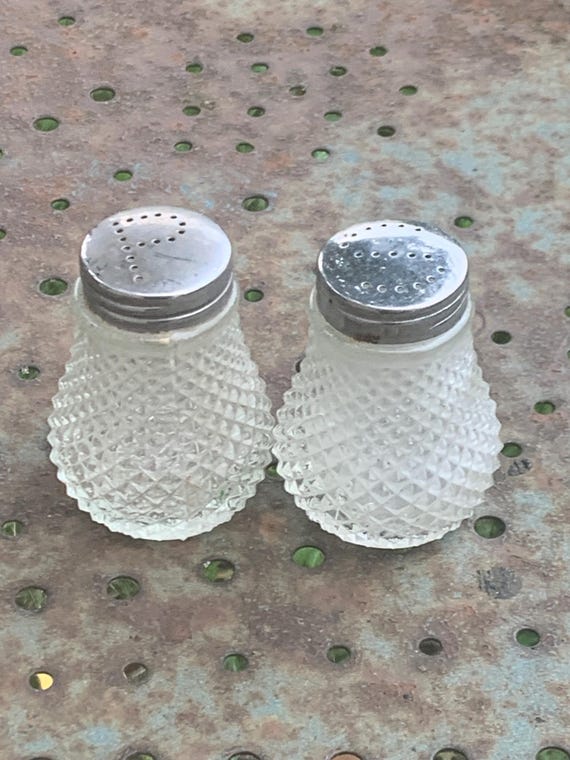 Salt, salt and pepper, diamond pattern glass and perforated stainless steel cap S and P, vintage