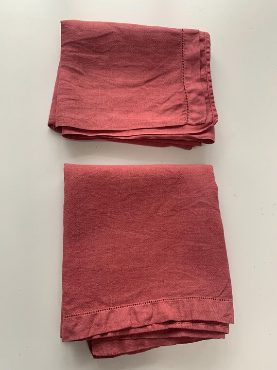 2 large linen napkins, sienna tinted, brick, with stains, old