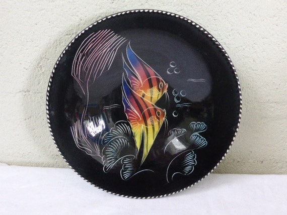 Superb collection plate, enamelled ceramic MONACERA MONACO, Painted fish decor, circa 1960