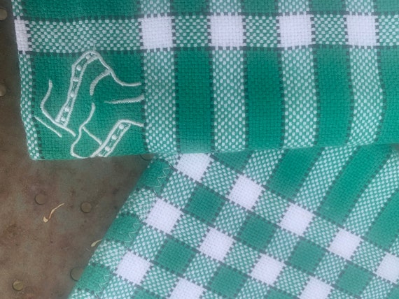 6 cotton napkins with small green and white checks, embroidered and monogrammed RS, vintage