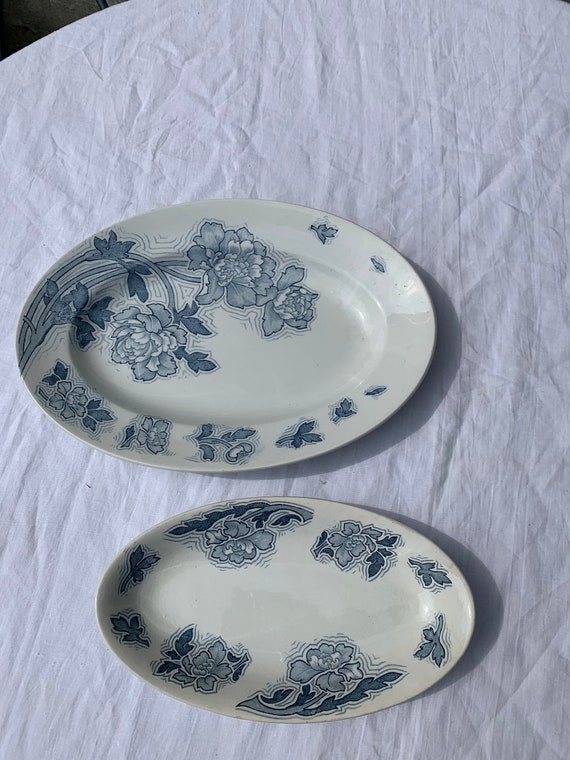 Two serving plates, Floreal Luneville, K & G, made in france in faience and blue flowers, vintage and collector