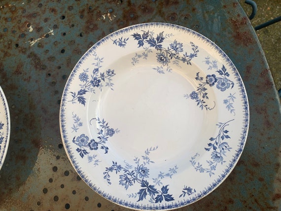 6 soup plates BOCH, La Louvière, made in Belgium, Belgian manufacturing, earthenware, blue flower patterns, old, art deco, collector