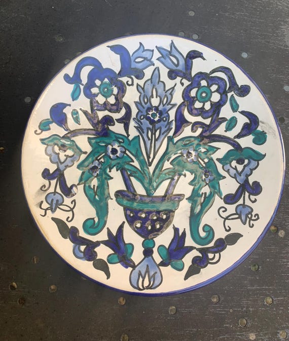 Small oriental plate, decorative, handmade, vintage, and collectible, Tunisian National Ceramics Office