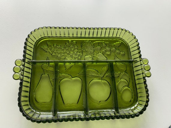 Serving dish with compartments, in green glass, embossed fruit pattern, vintage