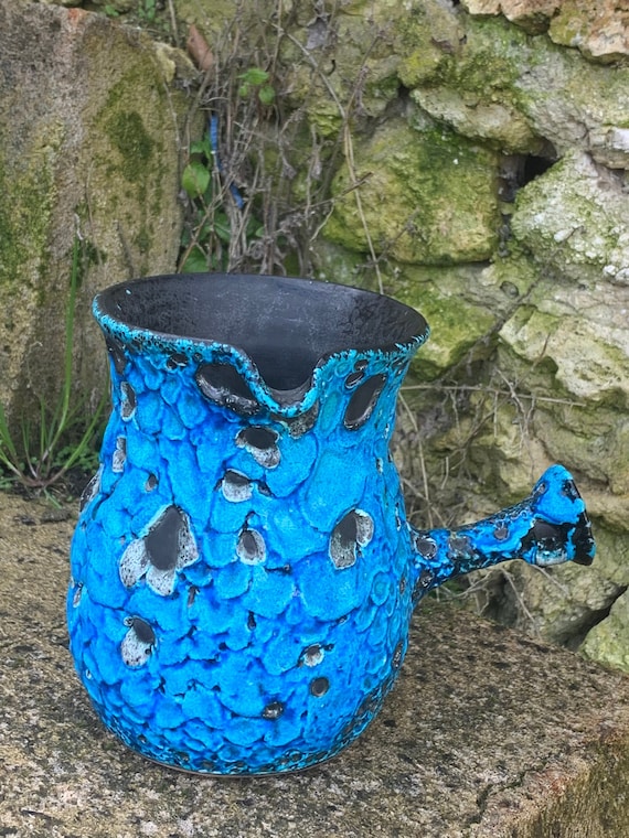 Pitcher, chocolatier, artisanal pottery in blue and black washed ceramic in Vallauris style, vintage