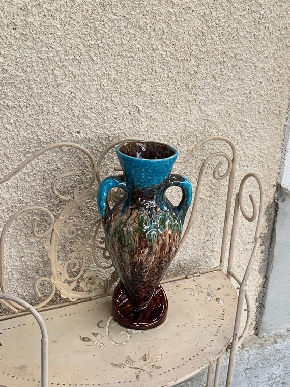 AMPHORE VASE in enamelled ceramic, slip, turquoise and brown, vallauris style enamelled, made in france, vintage 1960/1970