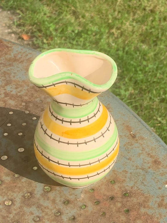 Green and yellow enameled ceramic vase, vintage pattern and design 1950/60