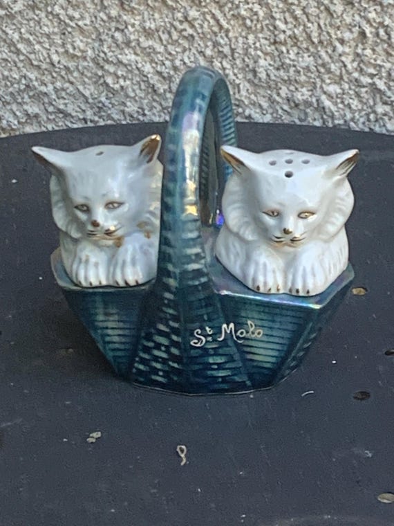 Antique French porcelain salt cellars, cats in a basket