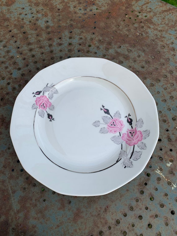 Set of two art deco porcelain dishes, Limoges France, BRB, pink and gray flowers, a hollow dish and an old cake dish