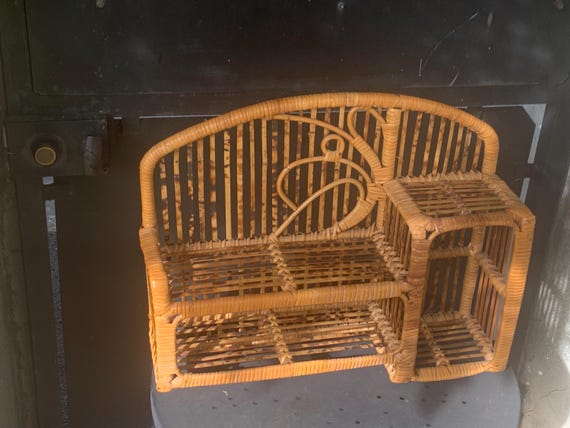 Charming bamboo and rattan shelf, hanging or freestanding, vintage and designer, with two shelves and one compartment