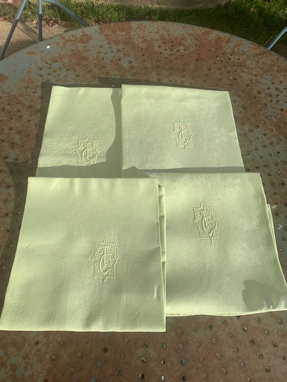 4 large damask cotton napkins, embroidered and monogrammed TC, anise green shade, art deco