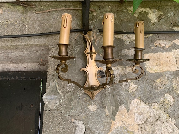 Pair of double wall sconces in gilded brass with glass pendants, vintage and collectible decoration