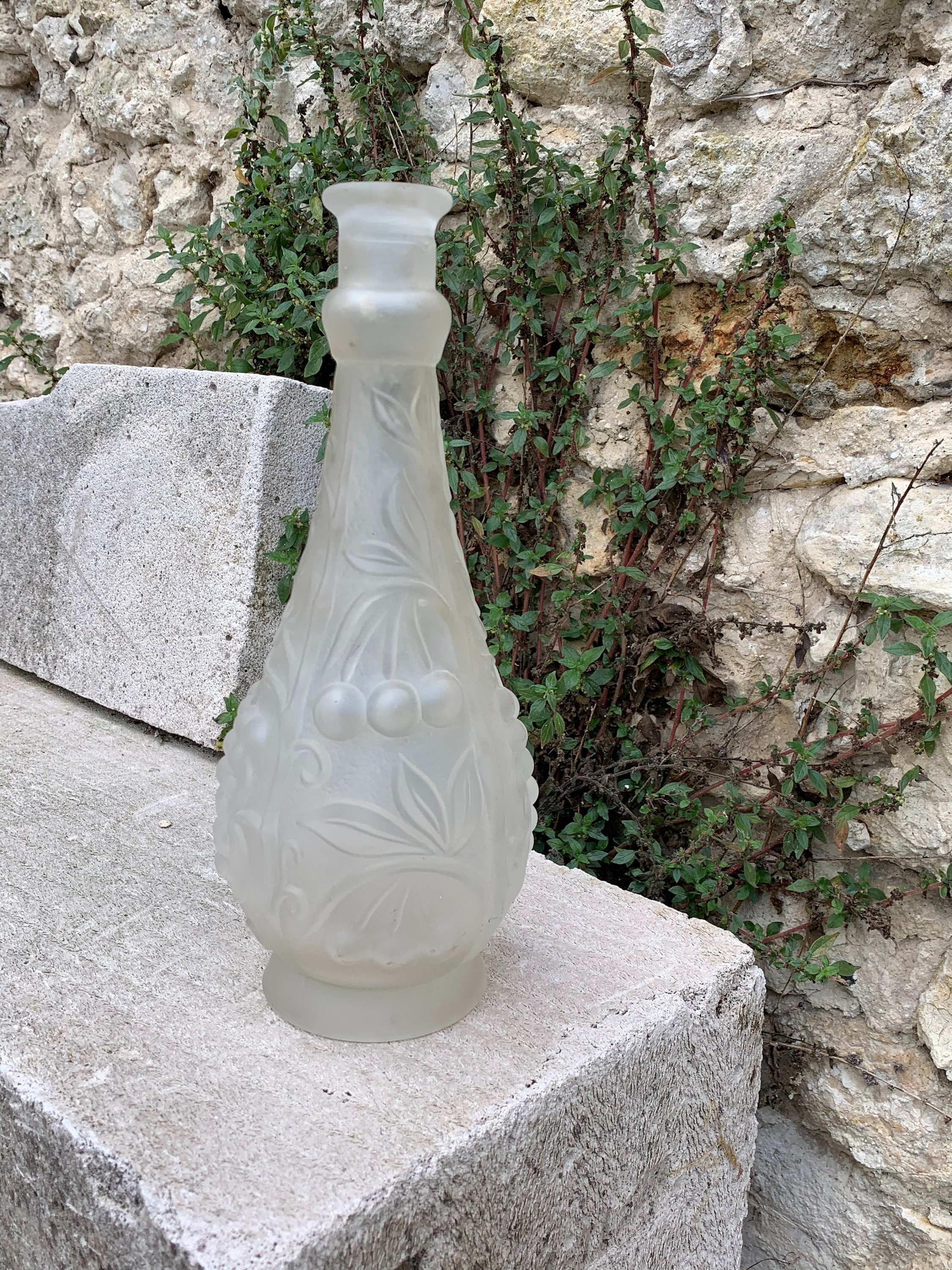 Carafe en Verre Dépoli Vintage Les Fruits Raisins et Cerises Relief