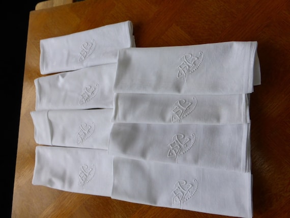 8 large napkins, white damask, monogrammed, old embroidery