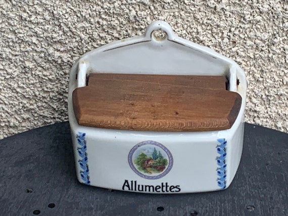 Two earthenware boxes ART DECO, SEL and matches, France, decoration of blue flowers, wooden lids