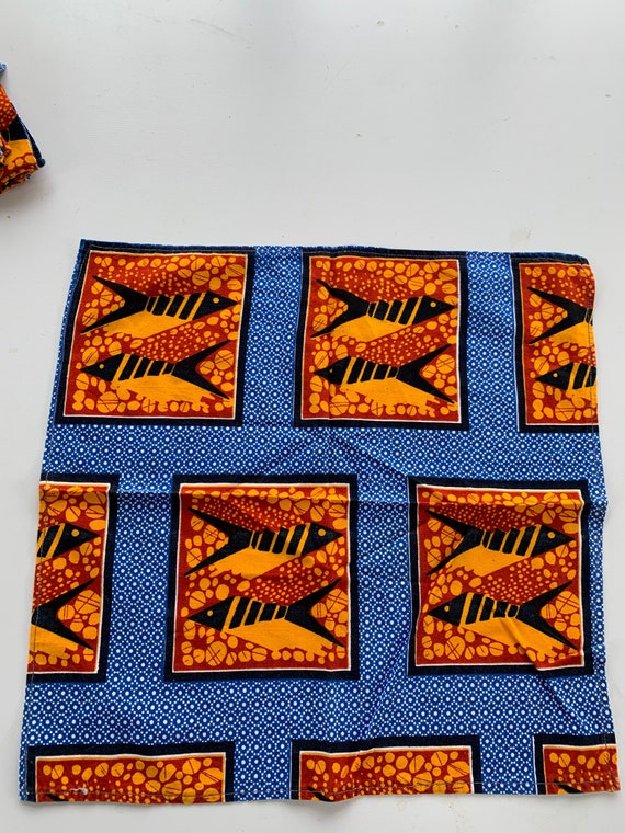8 max African fabric napkins, fish pattern, vintage blue and orange