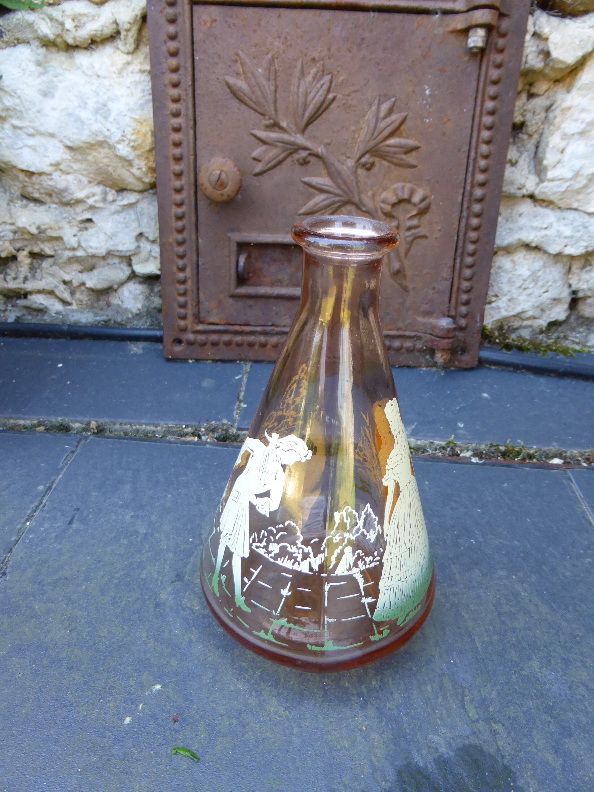 Flacon, Carafe en Verre Rose Sérigraphiés, Theme Marquise, Marquis Vintage 1960